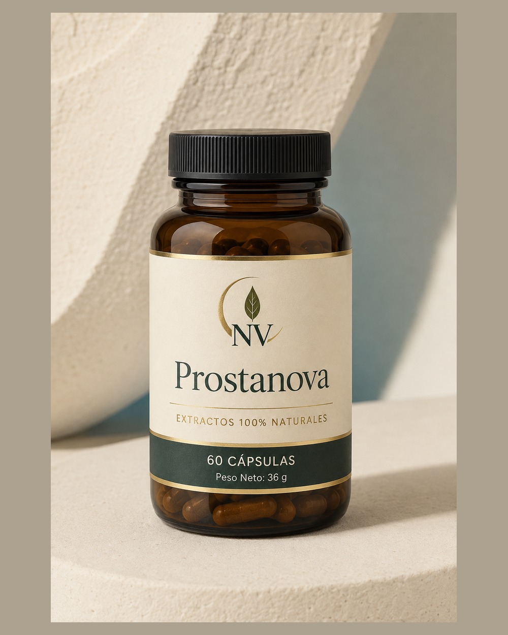 Prostanova en una composición de estudio con tonos crema y verdes